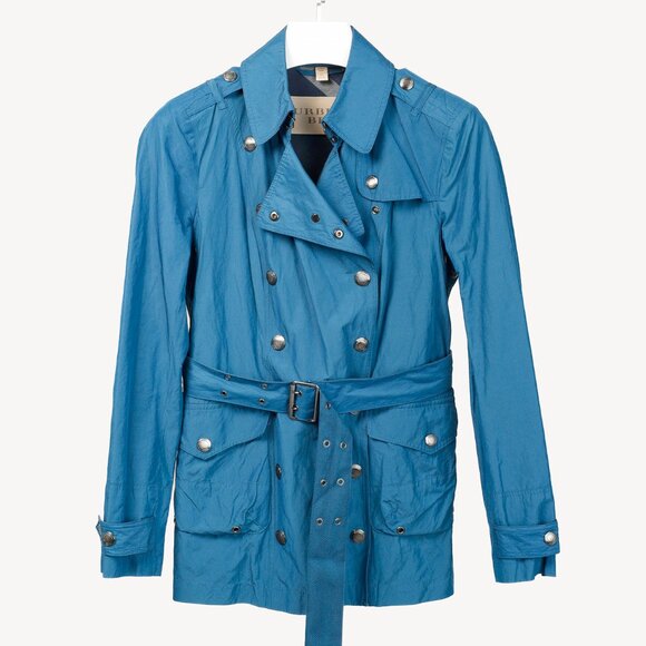 Burberry Brit Blue Double-Breasted Belted Short Rain Coat - Picture 1 of 13